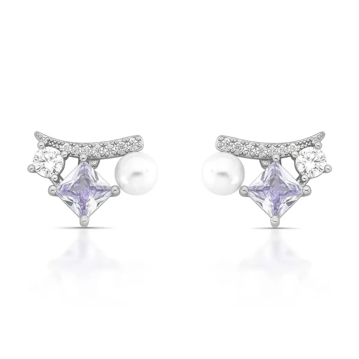 BRINCO EAR CUFF DELICADO STELLAR COM CRAVAÇÃO EM ZIRCÔNIAS E PÉROLA SHELL PINO EM PRATA 925