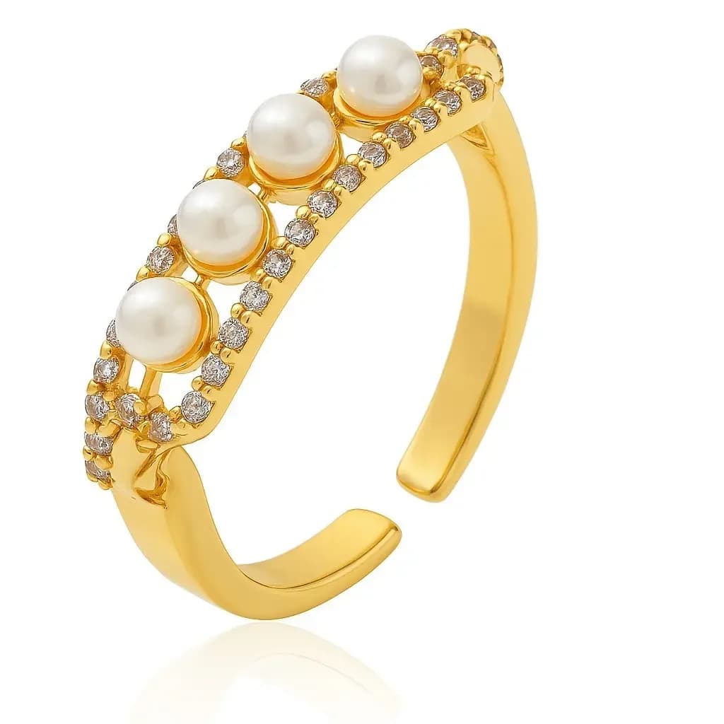 ANEL AJUSTÁVEL SQUARE CRAVEJADO ZIRCÔNIA CRISTAL COM DETALHES PÉROLA SHELL