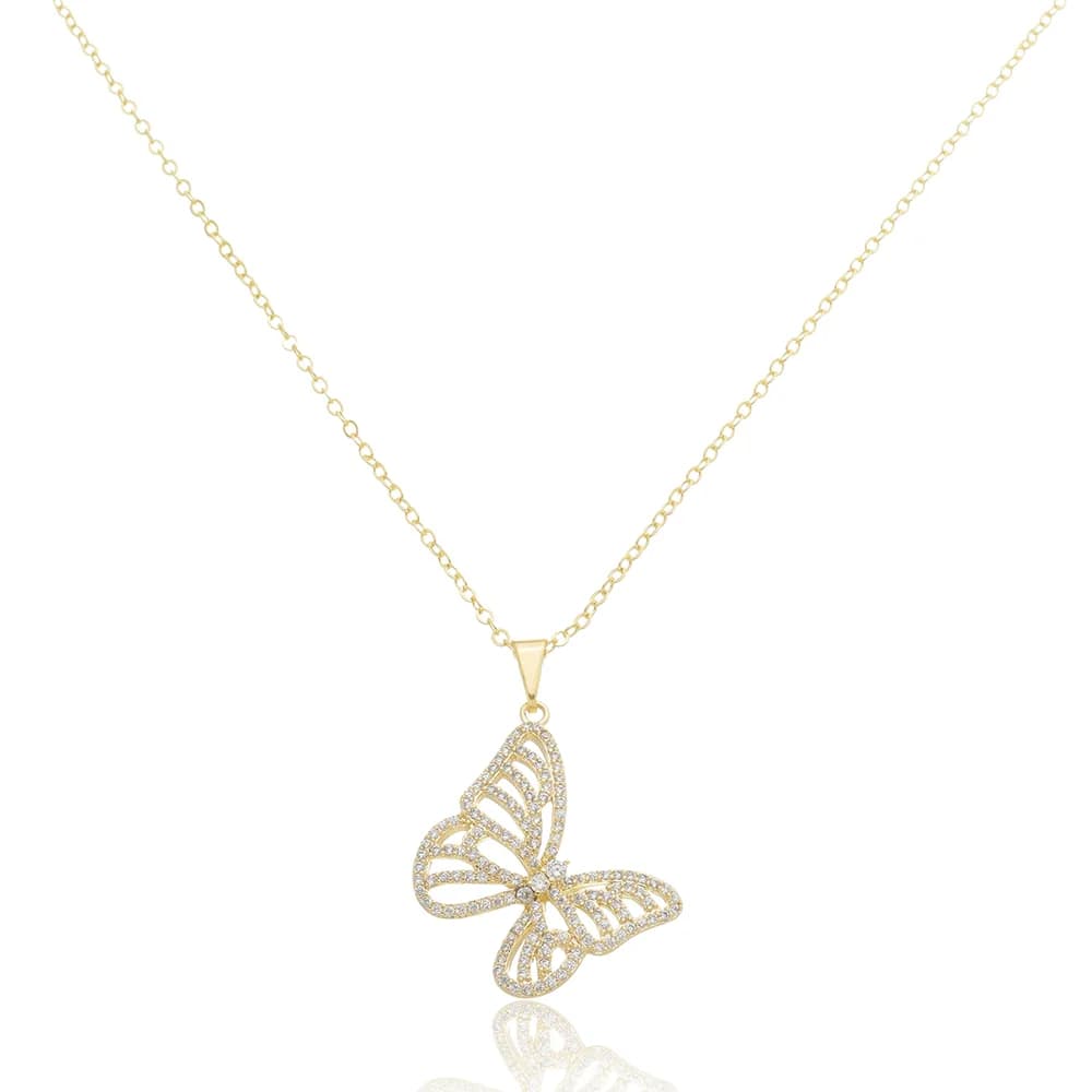 Colar Cadeado Borboleta Vazada Cravejada com Micro Zircônias Semijoia Ouro 18K