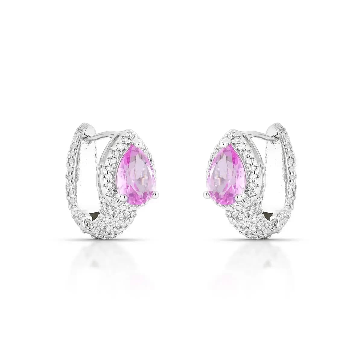 BRINCO ARGOLA ARTICULADA CLICK GOTA  — Ban. Ródio Branco / Turmalina Rosa
