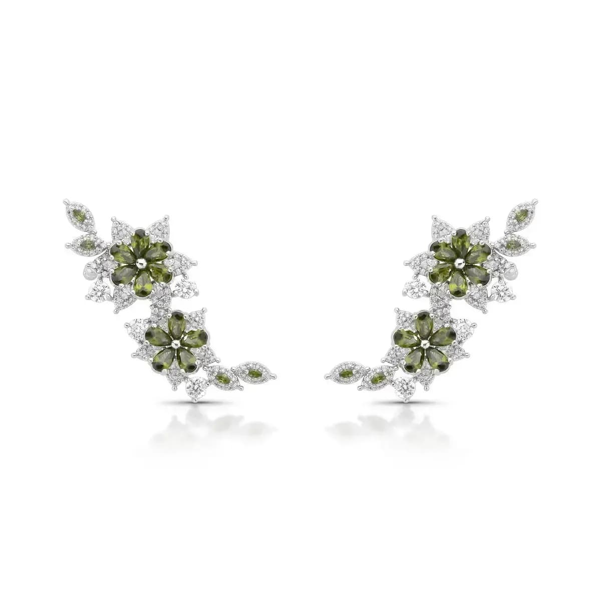 BRINCO EAR CUFF LUXO RAMO DE FLORES PINO EM PRATA 925 — Ban. Ródio Branco / Verde oliva