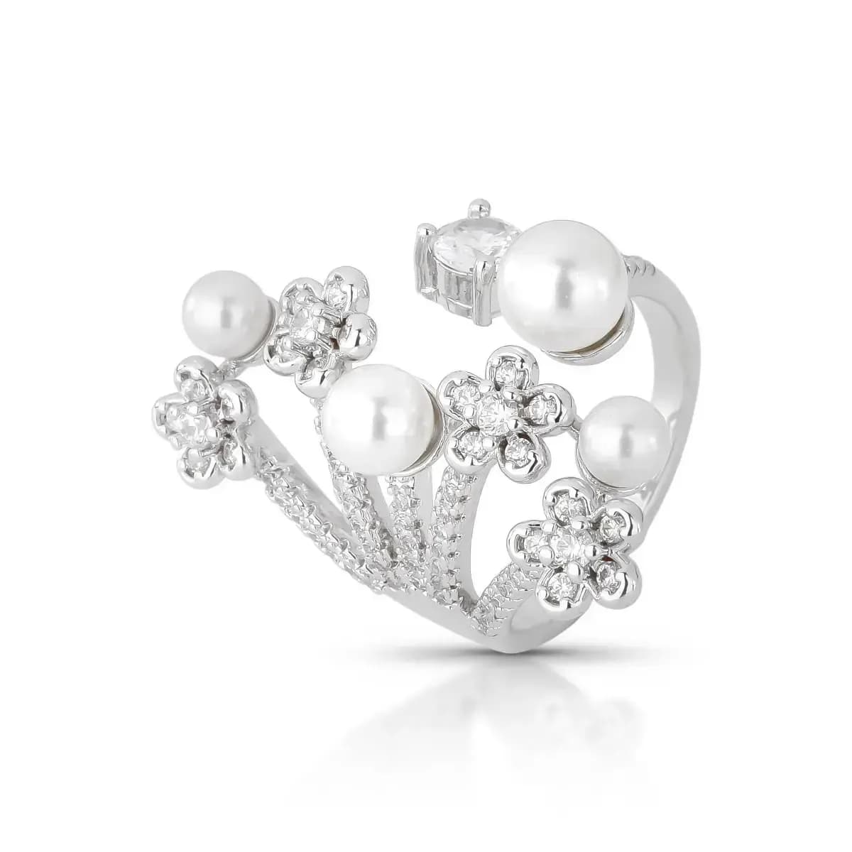 ANEL GARDEN FLOWER PÉROLA SHELL CRAVEJADO COM ZIRCÔNIAS - AJUSTÁVEL