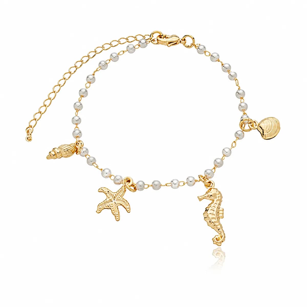 Pulseira Pérola Pingente Cavalo Marinho Semijoia Ouro 18K