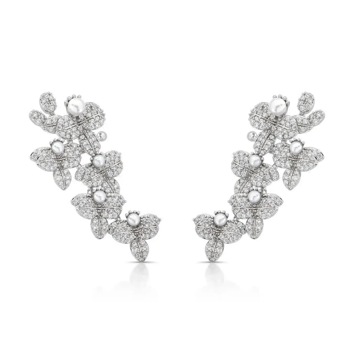 BRINCO EAR CUFF RAMO DE ORQUÍDEAS CRAVEJADO COM ZIRCÔNIAS E PÉROLA SHELL PINO EM PRATA 925
