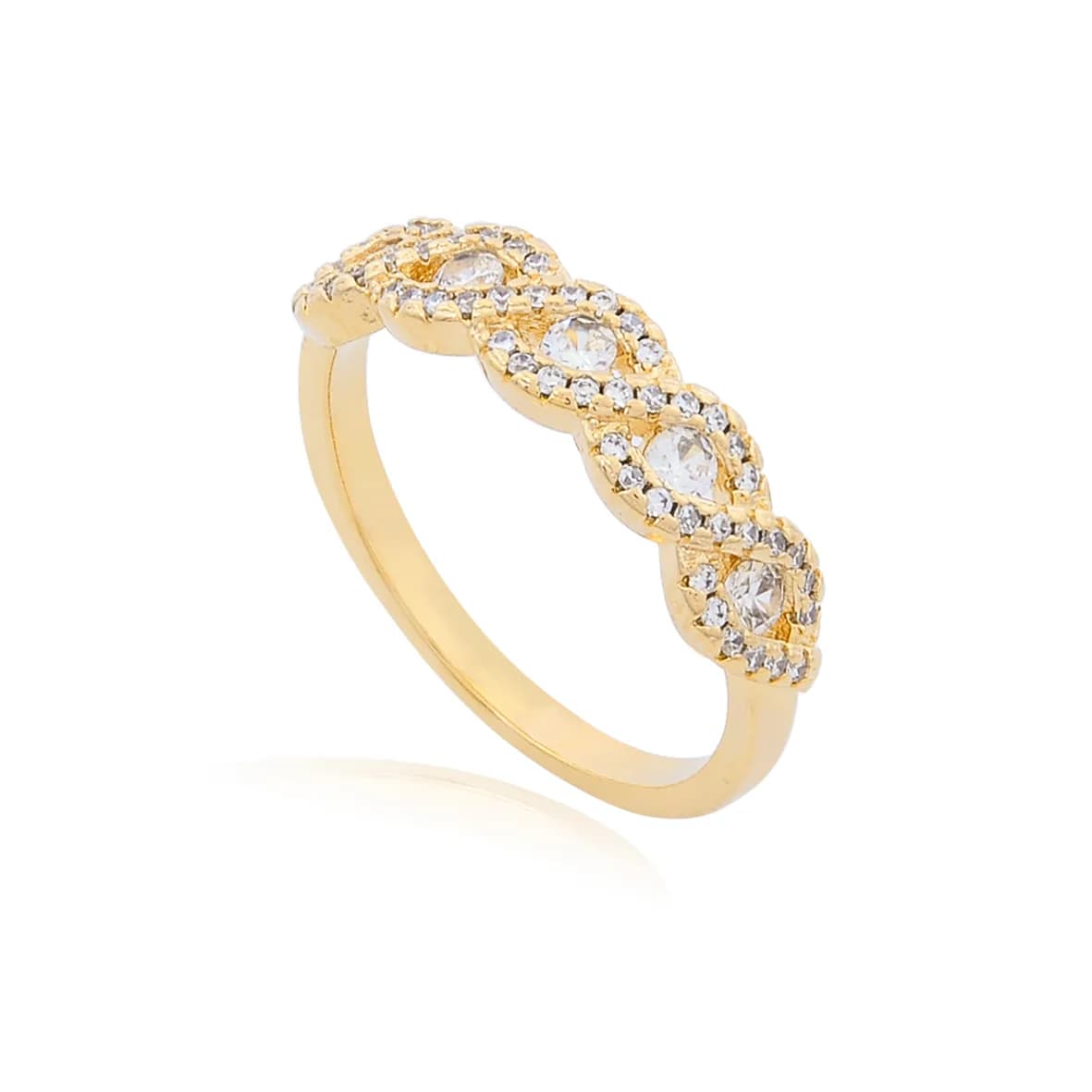 Anel Meia Aliança Delicada Trabalhada Zircônias Folheado Ouro 18k
