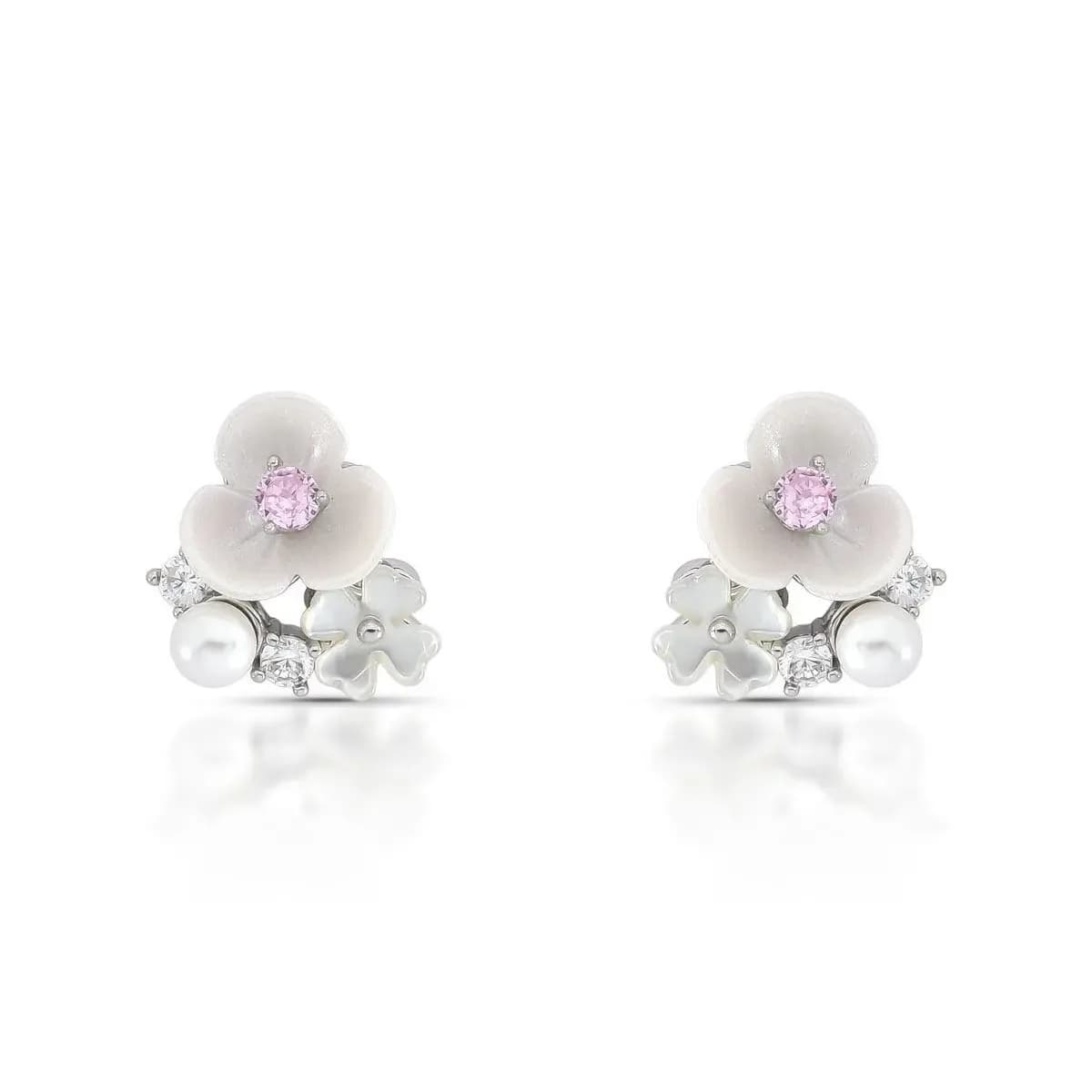 BRINCO DUAS FLORES EM ACETATO COM GLITTER PINO EM PRATA 925