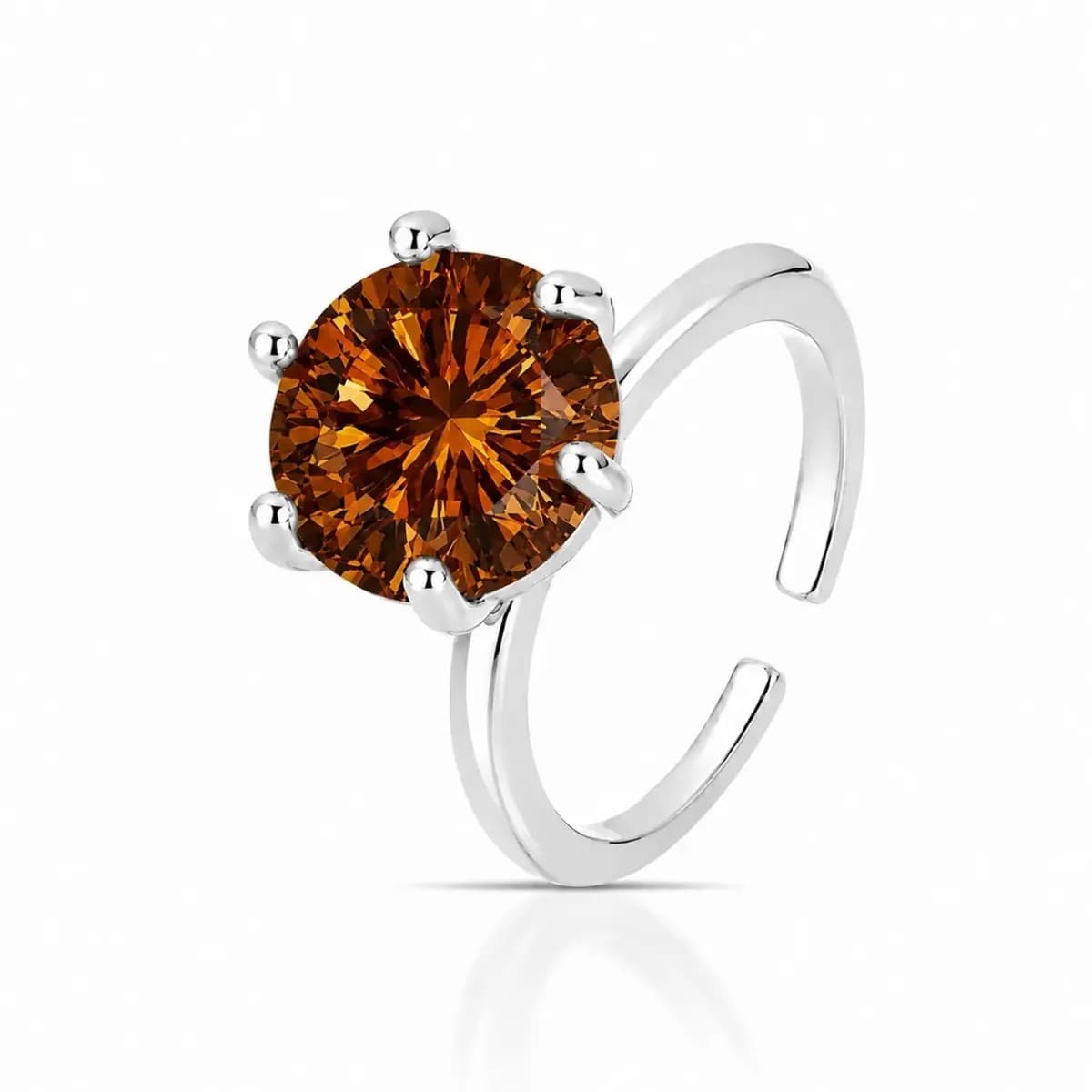 Anel Solitário Princess 11mm com Zircônia e Cravação de 6 Garras – Regulável — Ban. Ródio Branco / Mocha Mousse
