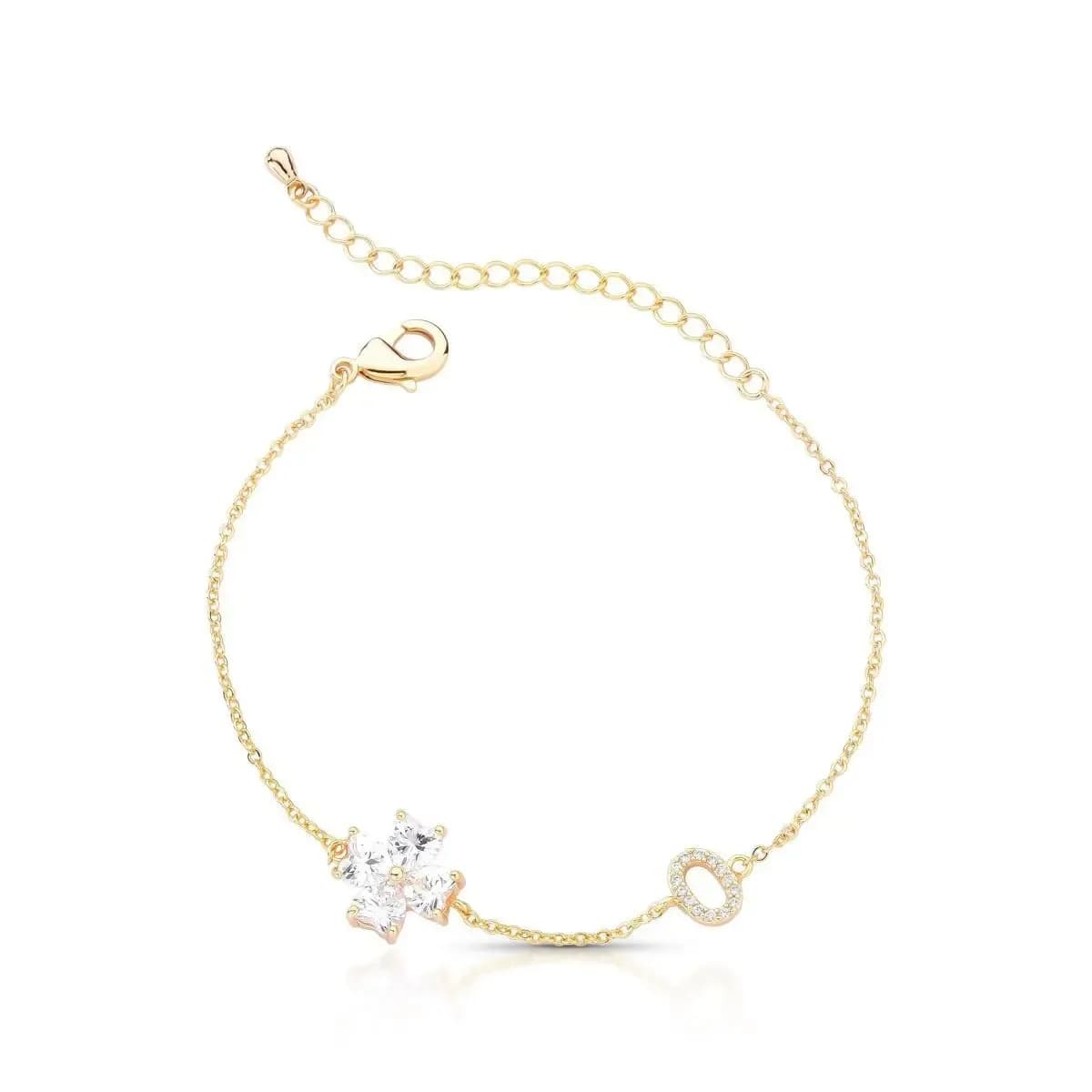 PULSEIRA DELICADA TREVO COM INICIAL CRAVEJADO COM ZIRCÔNIAS — Ban. Dourado / 16 cm + 5 cm de extensor