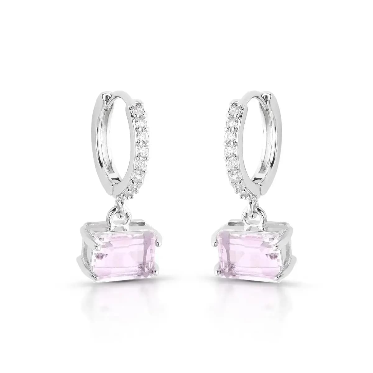 BRINCO ARGOLA CLICK PÊNDULO GLAM BAGUETE — Ban. Ródio Branco / Rosa claro