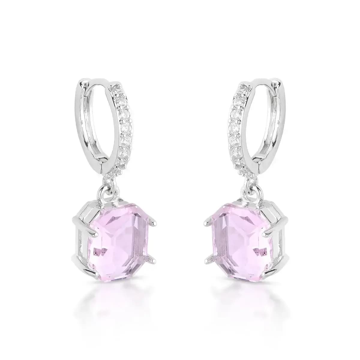 BRINCO ARGOLA CLICK PÊNDULO OCTAGONAL — Ban. Ródio Branco / Rosa claro