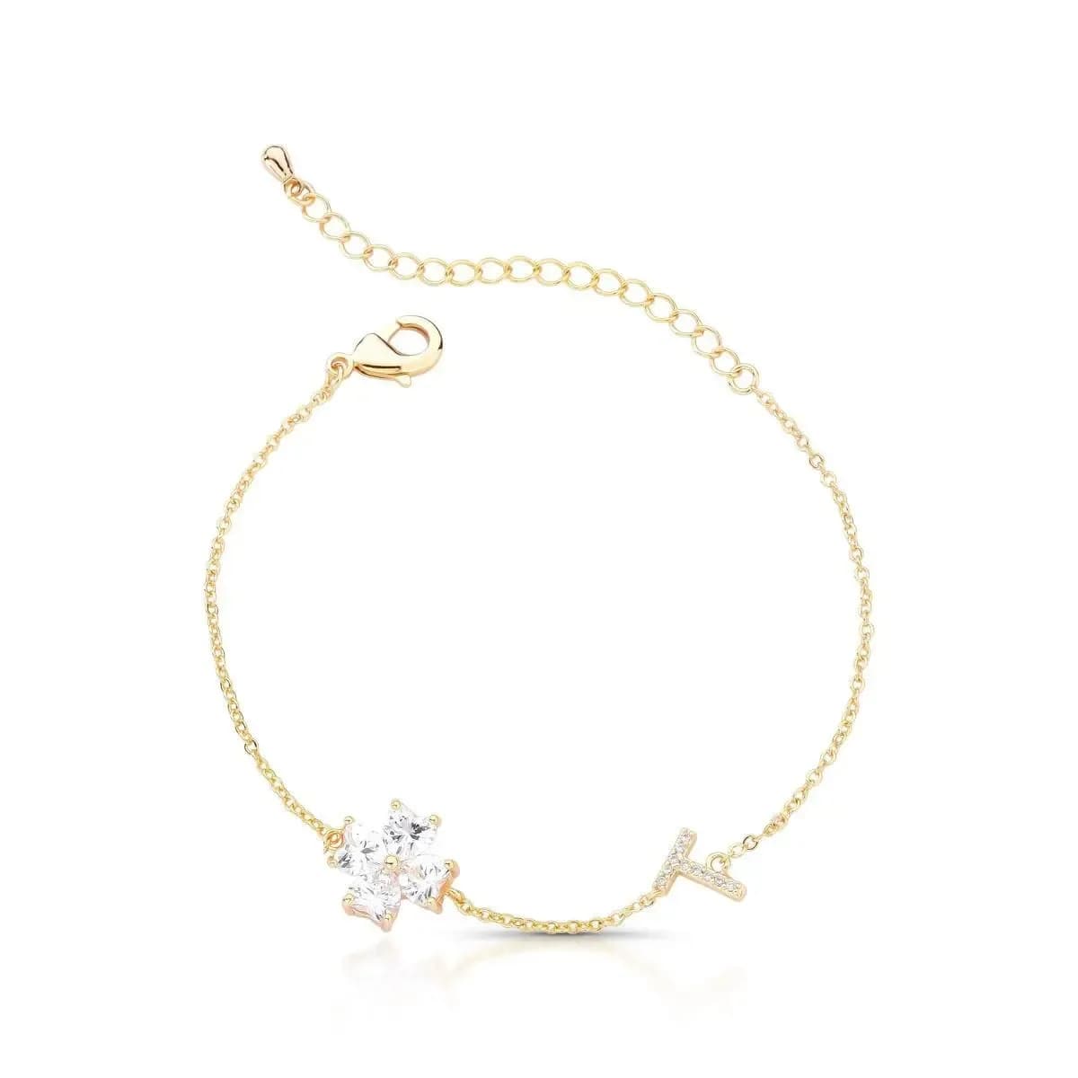 PULSEIRA DELICADA TREVO COM INICIAL CRAVEJADO COM ZIRCÔNIAS — Ban. Dourado / 16 cm + 5 cm de extensor