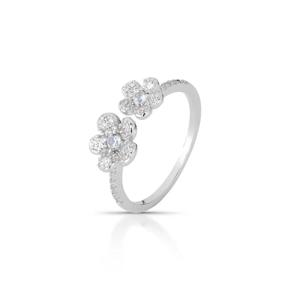 ANEL DUO FLOR — Ban. Ródio Branco / Regulável / Azul claro