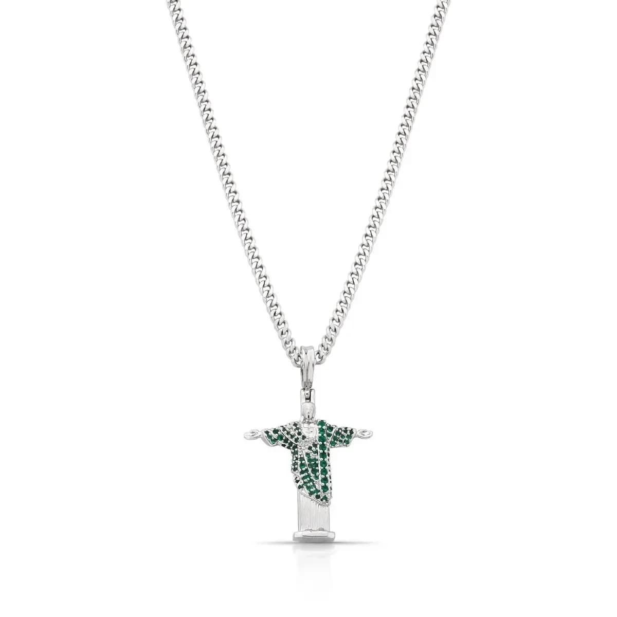 COLAR CRISTO REDENTOR ELO GRUMET- 40 CM + 5 EXTENSOR — Ban. Ródio Branco / 40 cm + 5 cm de extensor / Verde