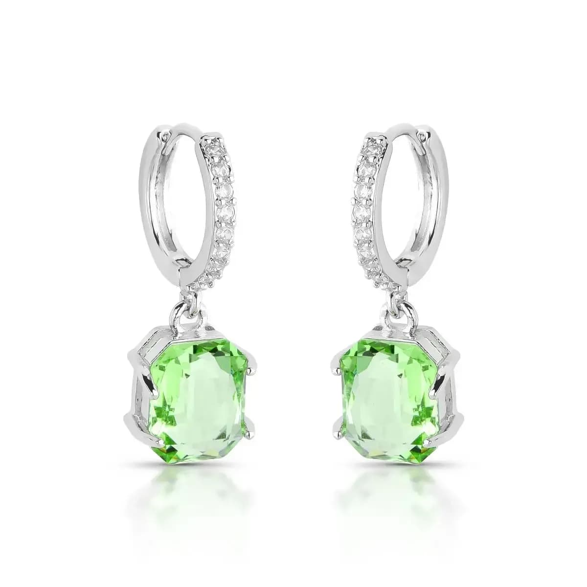 BRINCO ARGOLA CLICK PÊNDULO OCTAGONAL — Ban. Ródio Branco / Verde claro