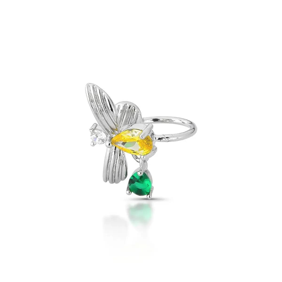 PIERCING FAKE BEE PÊNDULO EM ZIRCÔNIA AMARELO E ESMERALDA — Ban. Ródio Branco