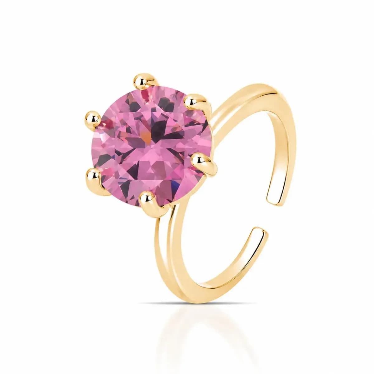 Anel Solitário Princess 11mm com Zircônia e Cravação de 6 Garras – Regulável — Ban. Dourado / Rhodolite