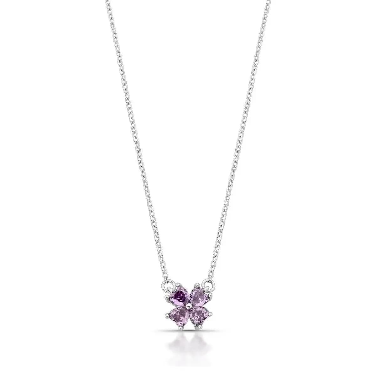 COLAR TREVO ÚNICO P CRAVAÇÃO COM ZIRCÔNIA — Ban. Ródio Branco / Roxo