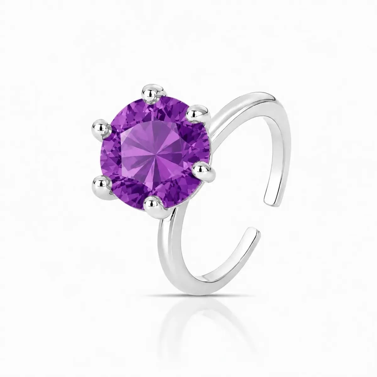 ANEL SOLITÁRIO PRINCESS CRAVAÇÃO SEIS GARRAS — Ban. Ródio Branco / Regulável / Roxo