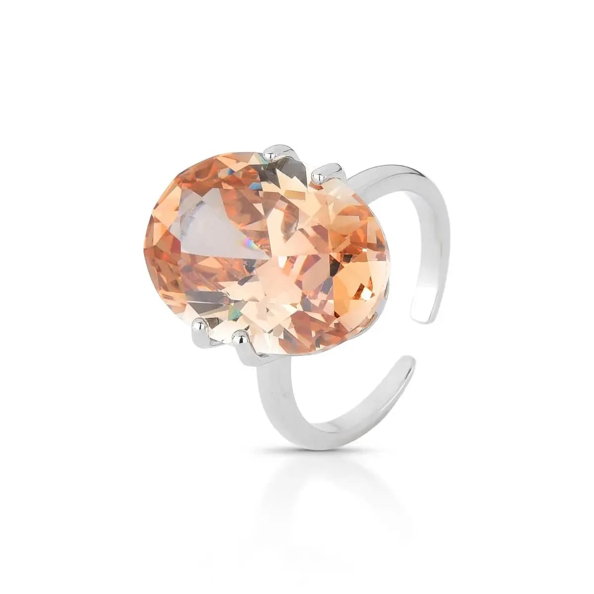 ANEL SOLITÁRIO OVAL 18 MM ZIRCÔNIA CENTRAL- AJUSTÁVEL — Ban. Ródio Branco / Regulável / Champagne