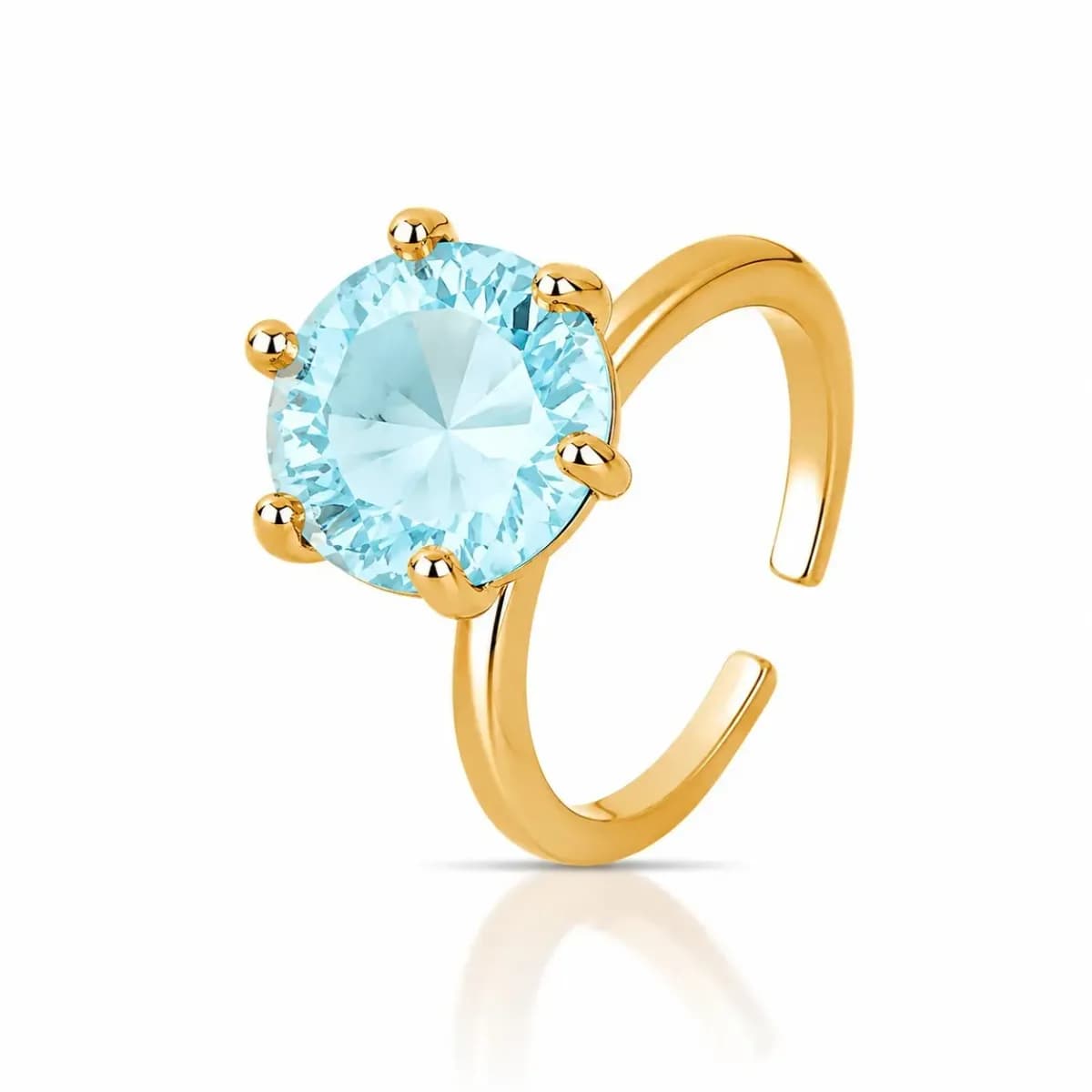 ANEL SOLITÁRIO PRINCESS CRAVAÇÃO SEIS GARRAS — Ban. Dourado / Regulável / Azul claro