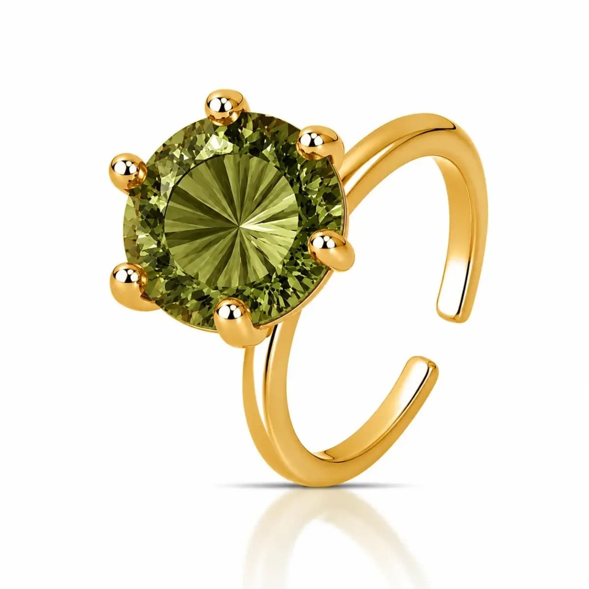 ANEL SOLITÁRIO PRINCESS CRAVAÇÃO SEIS GARRAS — Ban. Dourado / Regulável / Verde oliva