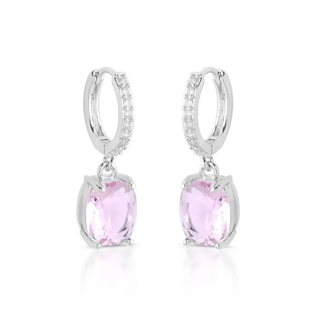 BRINCO ARGOLA CLICK PÊNDULO GEMA CUSHION — Ban. Ródio Branco / Rosa claro
