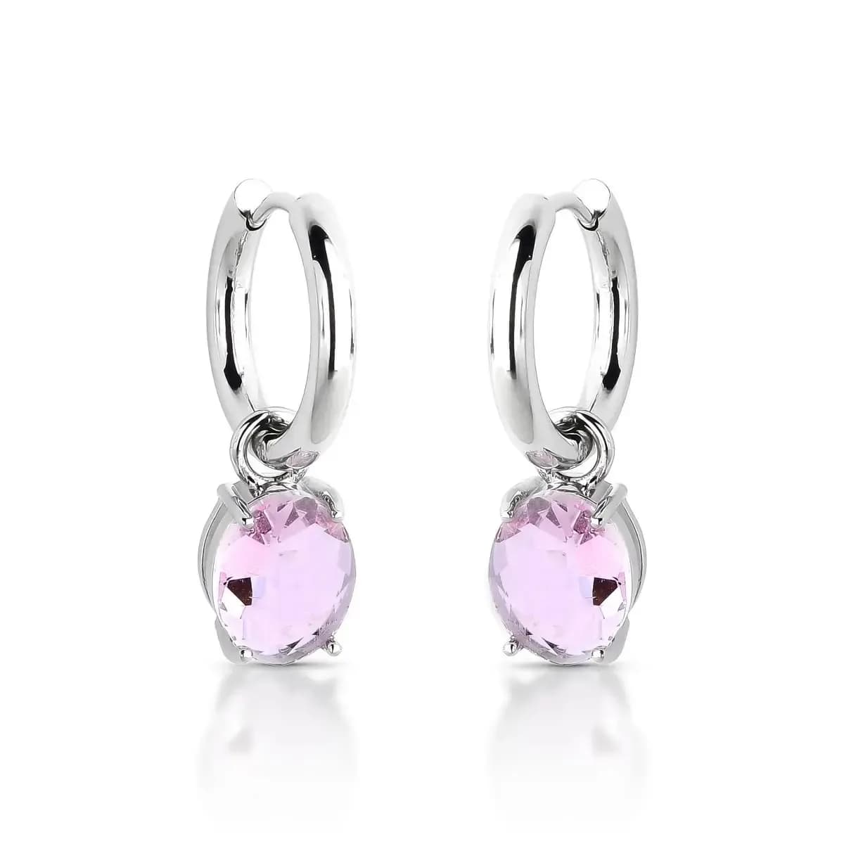 BRINCO ARGOLA CLICK PÊNDULO GEMA OVAL — Ban. Ródio Branco / Rosa claro