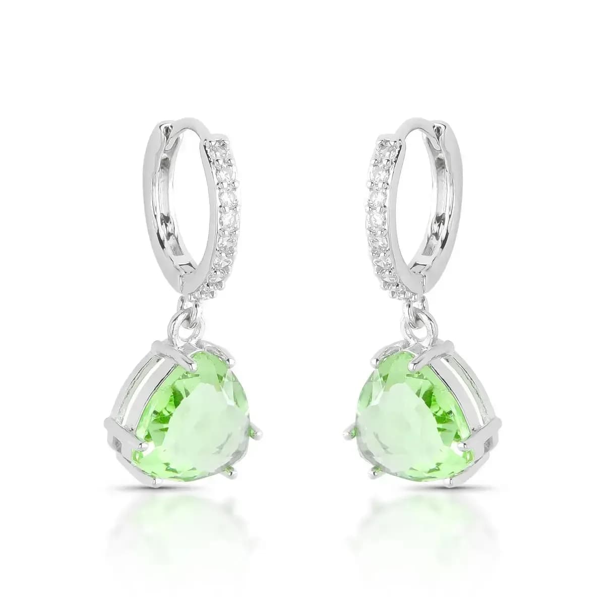 BRINCO ARGOLA CLICK PÊNDULO GEMA TRIÂNGULO — Ban. Ródio Branco / Verde claro