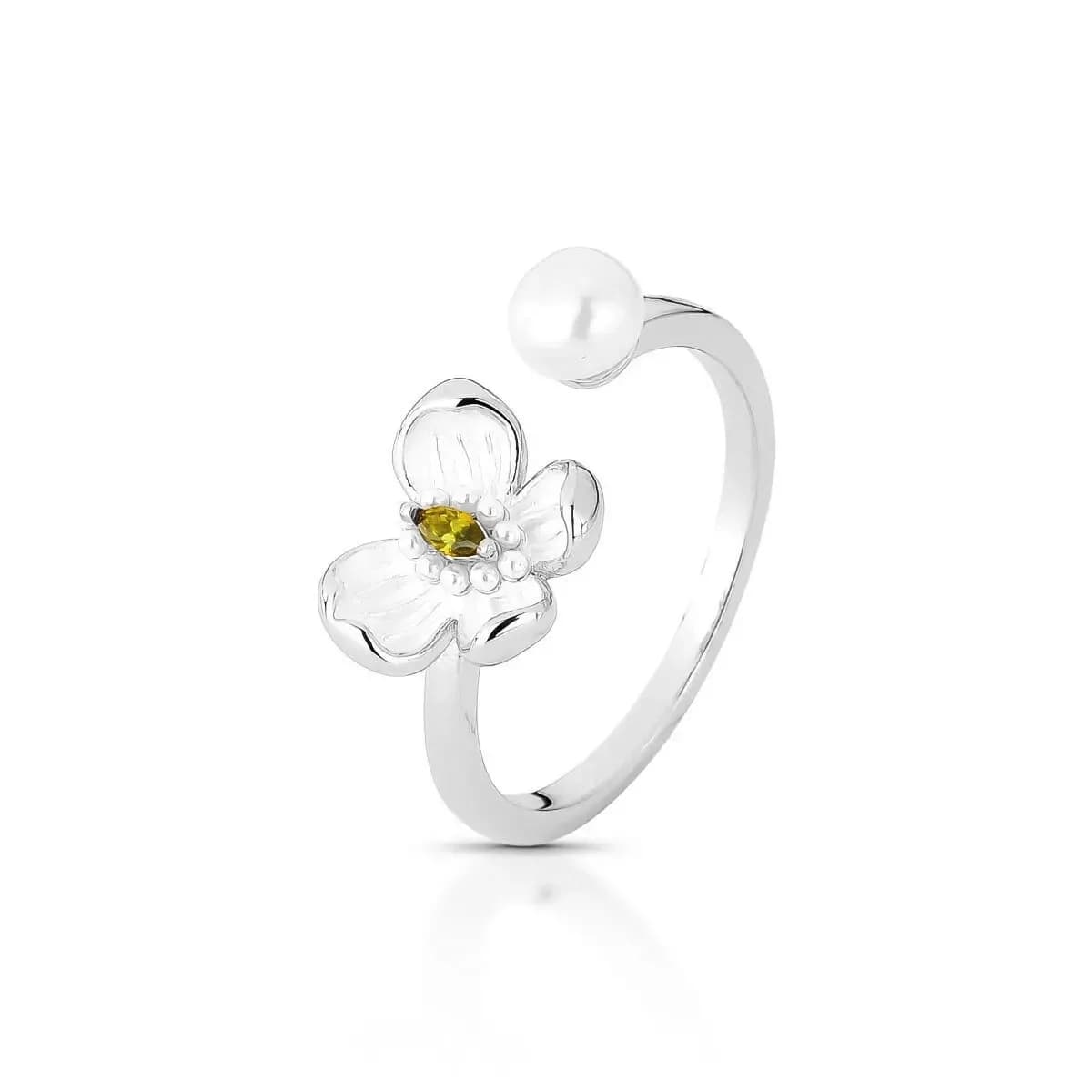 ANEL BORBOLETA ESMALTADA WHITE COM ZIRCÔNIA CENTRAL VERDE MUSGO — Ban. Ródio Branco / Regulável