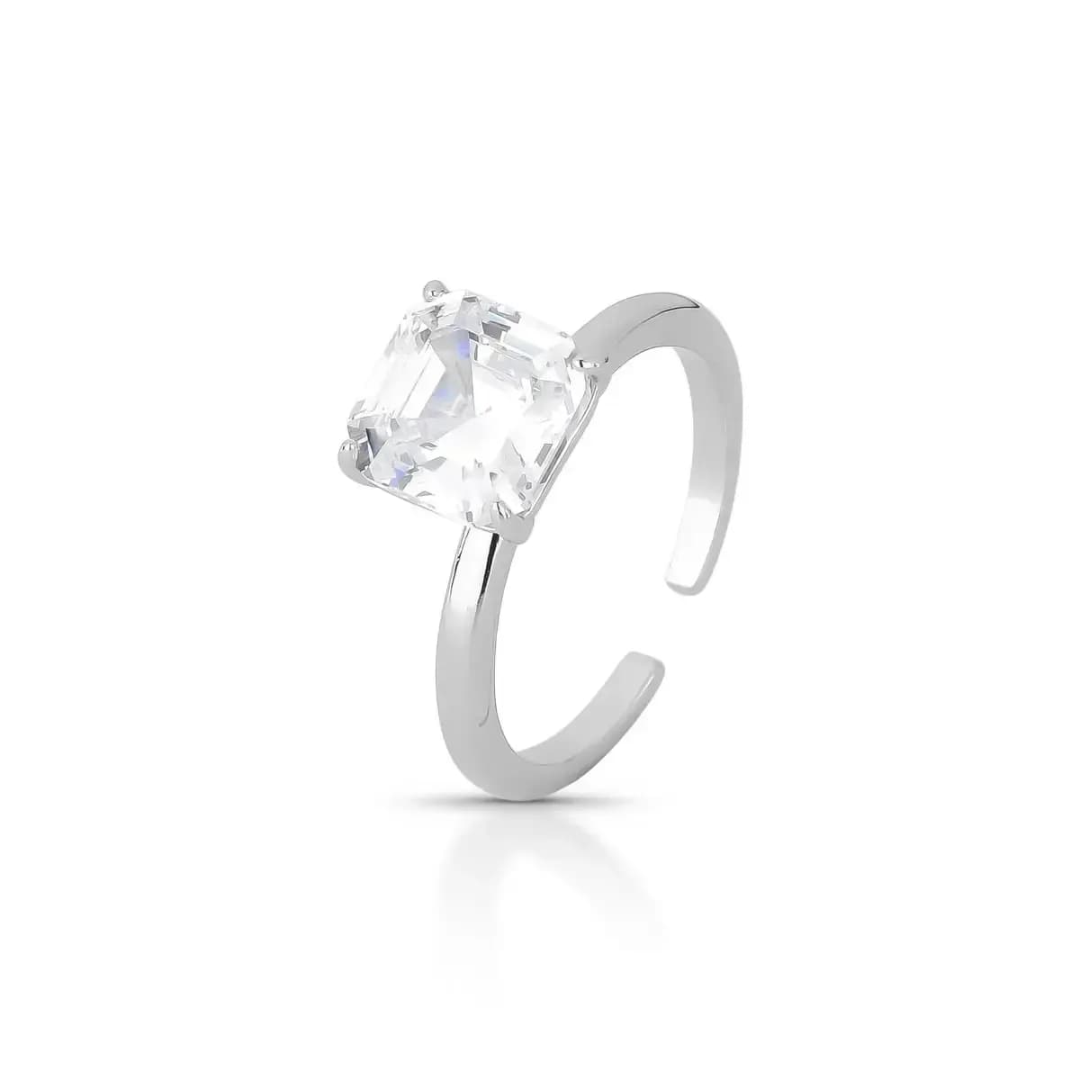 ANEL SOLITÁRIO LAPIDAÇÃO ESMERALDA ZIRCÔNIA 8MM AJUSTÁVEL — Ban. Ródio Branco / Regulável
