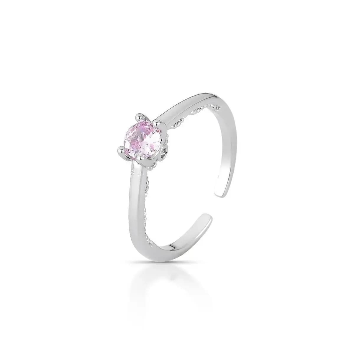 ANEL SOLITÁRIO SWEET LOVE COM ZIRCÔNIA CENTRAL - AJUSTÁVEL — Ban. Ródio Branco / Regulável / Rosa claro