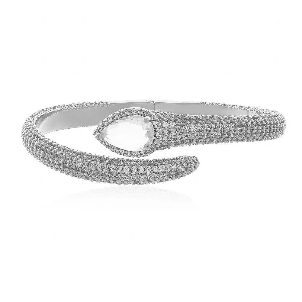 BRACELETE LUXO SERPENTE CRAVEJADA DETALHE CABEÇA — Ban. Ródio Branco / Cristal
