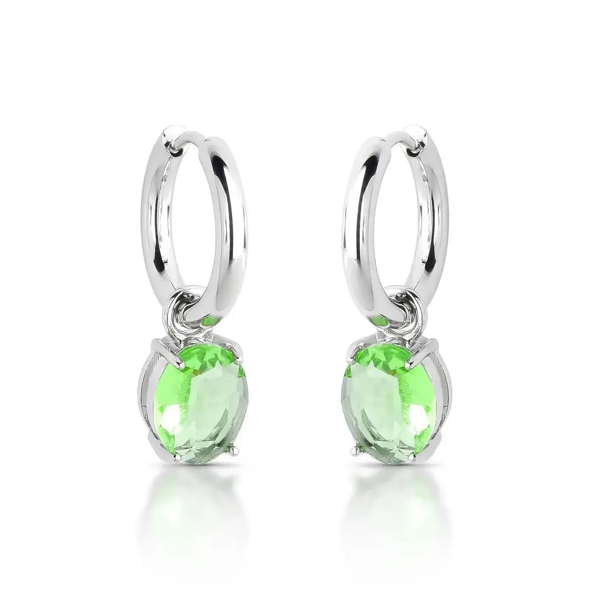 BRINCO ARGOLA CLICK PÊNDULO GEMA OVAL — Ban. Ródio Branco / Verde claro