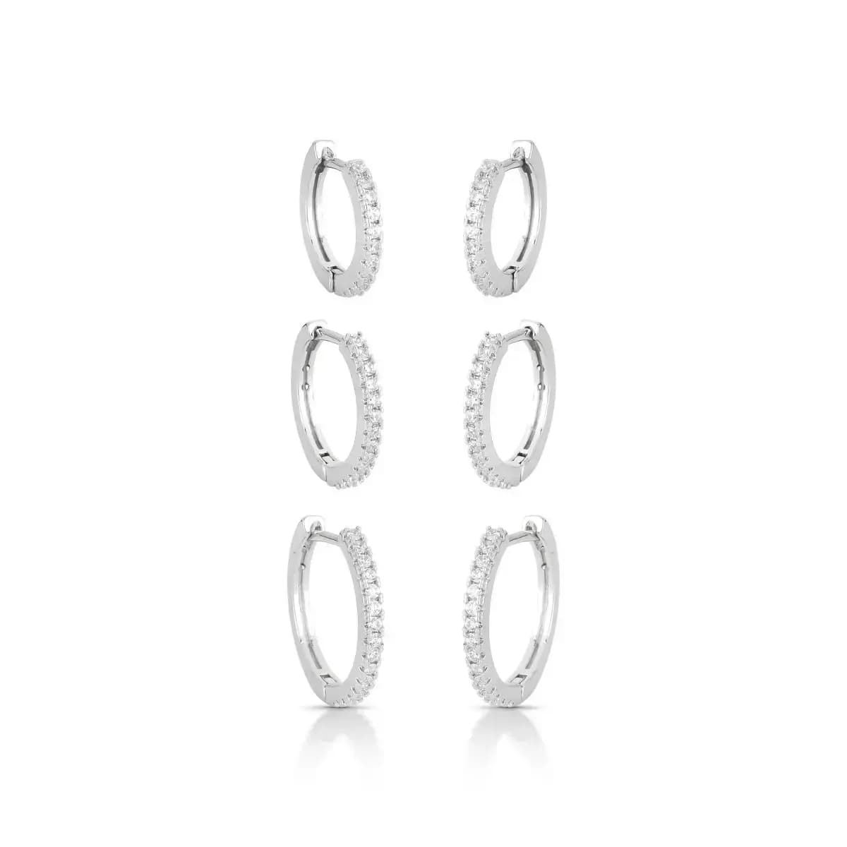 BRINCO TRIO ARGOLA CLICK CLÁSSICA ELEGANCE COM ZIRCÔNIAS — Ban. Ródio Branco