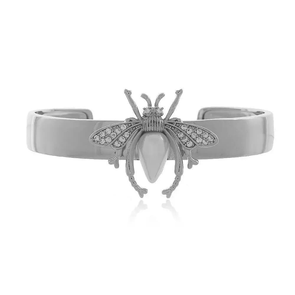 BRACELETE WASP CRAVEJADO EM ZIRCÔNIAS COM DETALHE EM PÉROLA — Ban. Ródio Branco