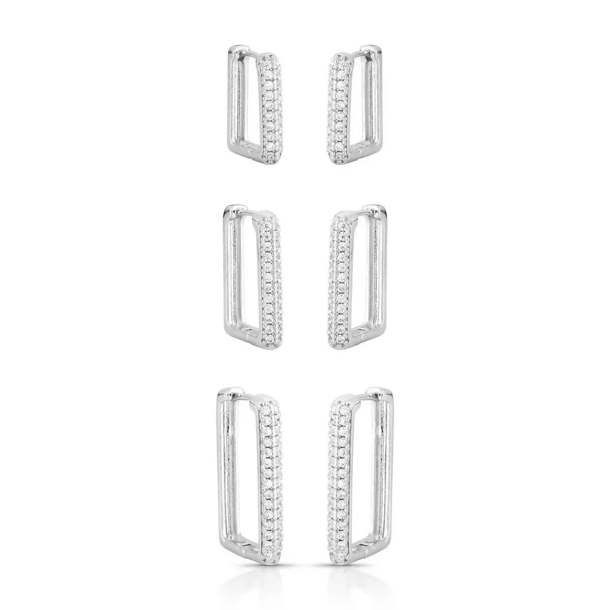 BRINCO TRIO ARGOLAS RETANGULARES CRAVEJADAS CLICK — Ban. Ródio Branco / Cristal