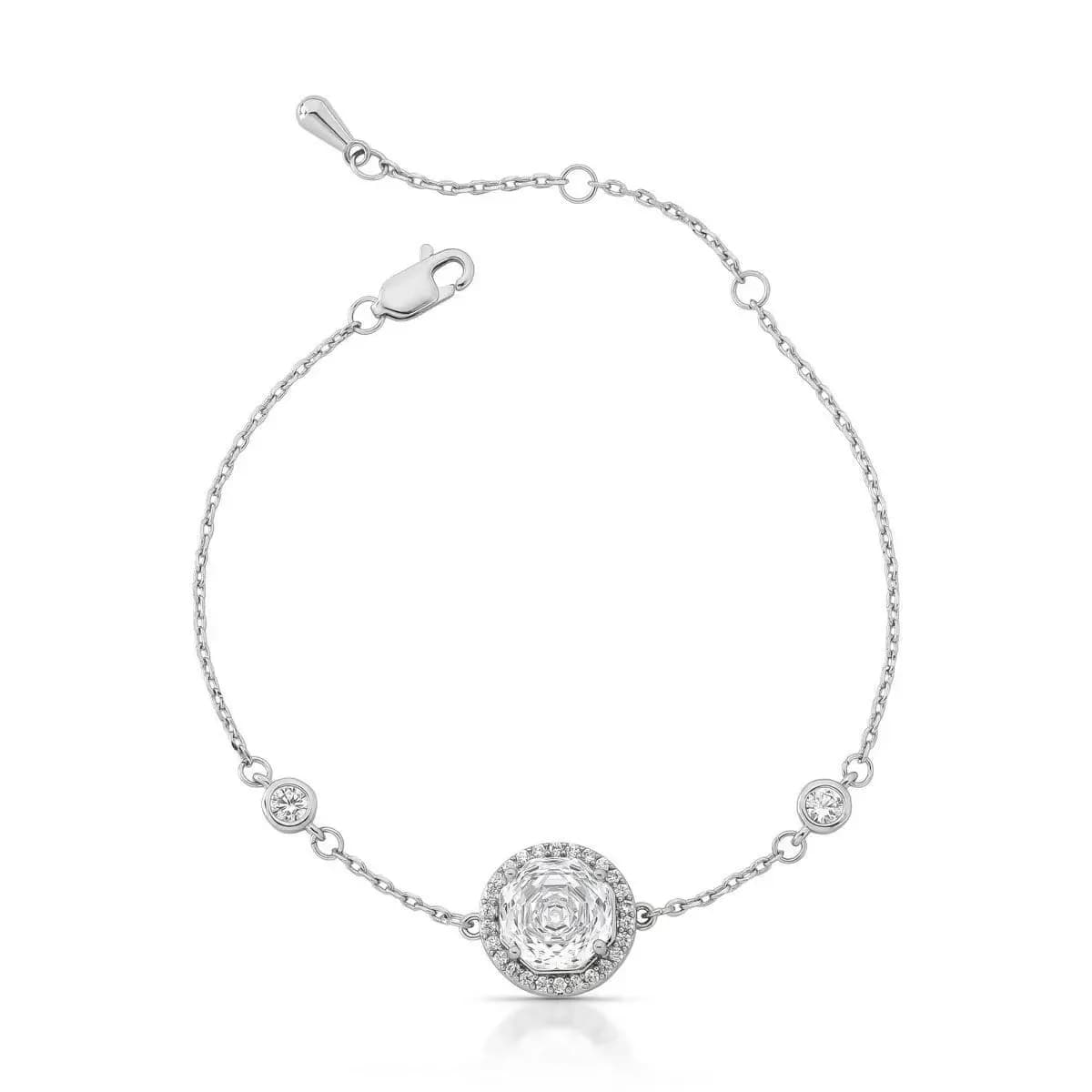 PULSEIRA PONTO DE LUZ ROSE GLOW — Ban. Ródio Branco / 14 cm + 3 cm de extensor / Cristal
