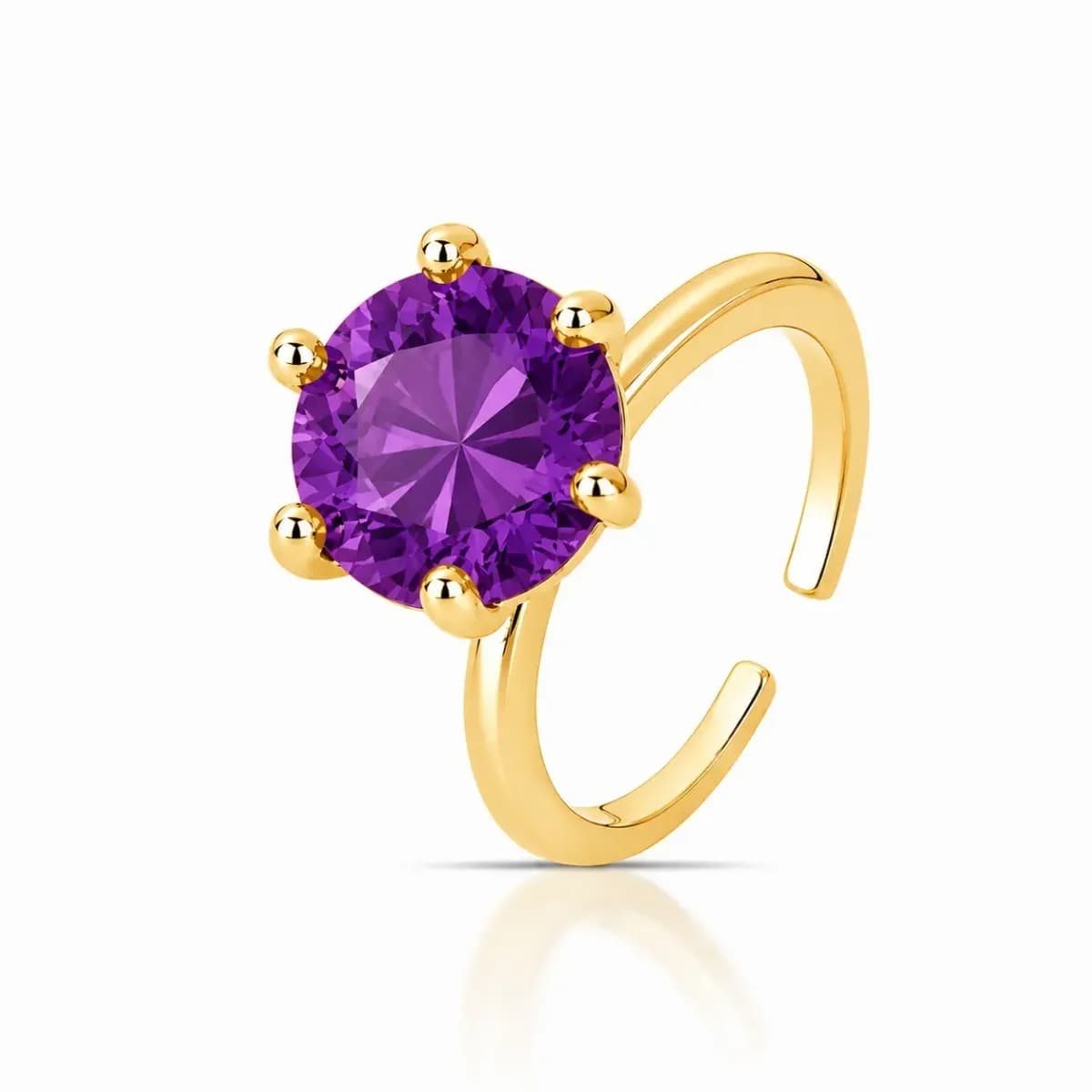 ANEL SOLITÁRIO PRINCESS CRAVAÇÃO SEIS GARRAS — Ban. Dourado / Regulável / Roxo