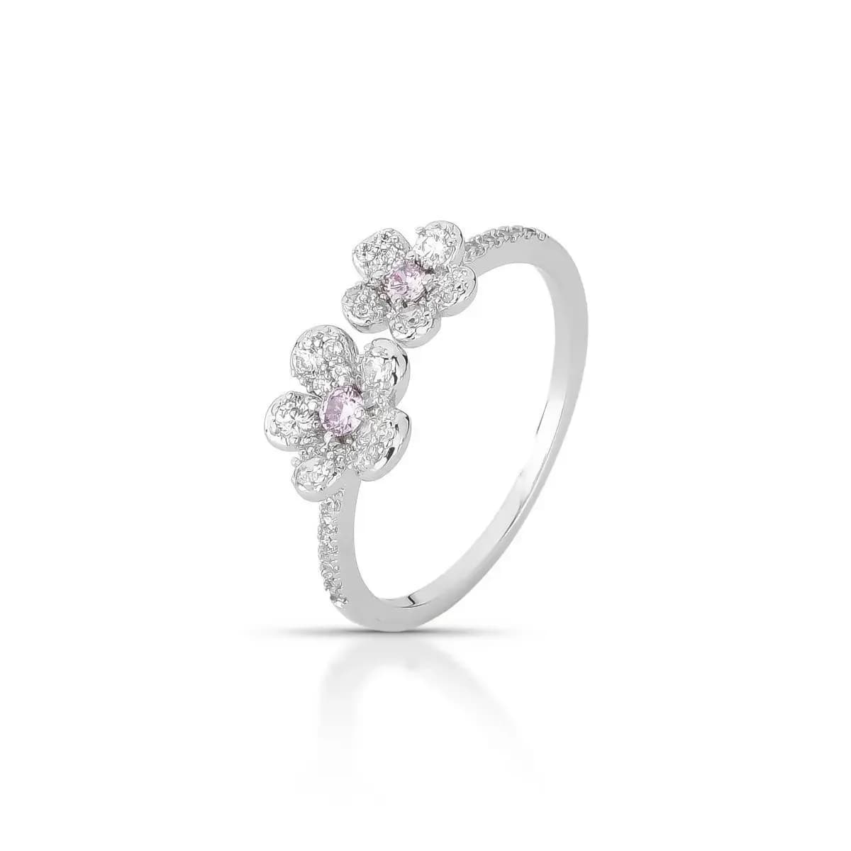 ANEL DUO FLOR — Ban. Ródio Branco / Regulável / Rosa claro