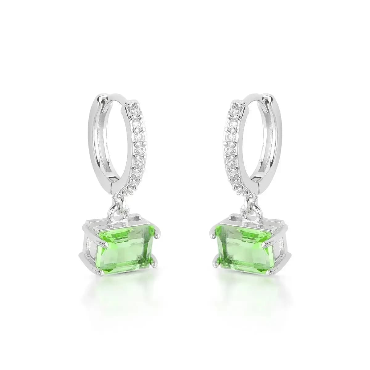 BRINCO ARGOLA CLICK PÊNDULO GLAM BAGUETE — Ban. Ródio Branco / Verde claro