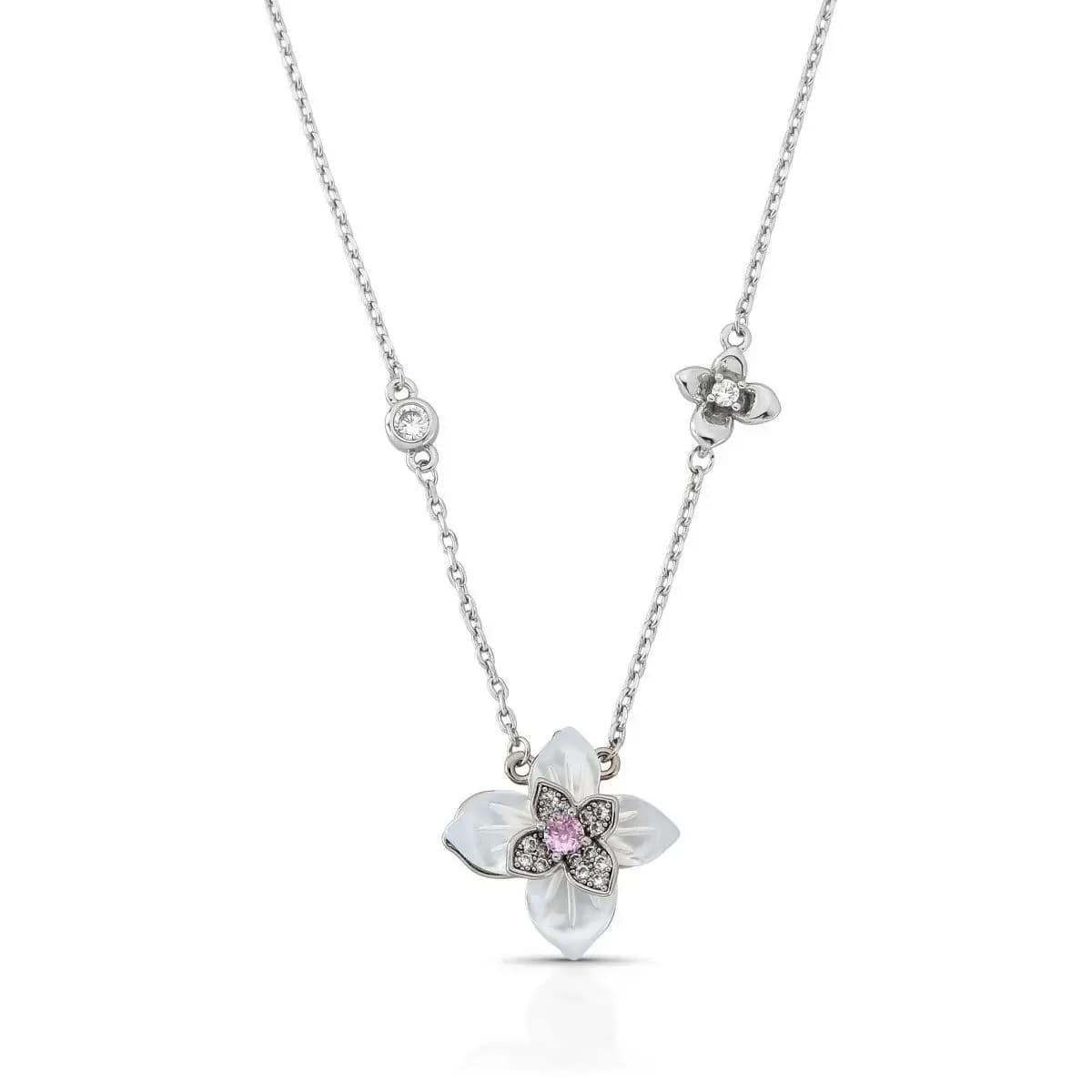 COLAR PÉROLA SHELL FLOR ALBA EM MADREPÉROLA — Ban. Ródio Branco / 40cm + 5 De Extensor / Rosa claro