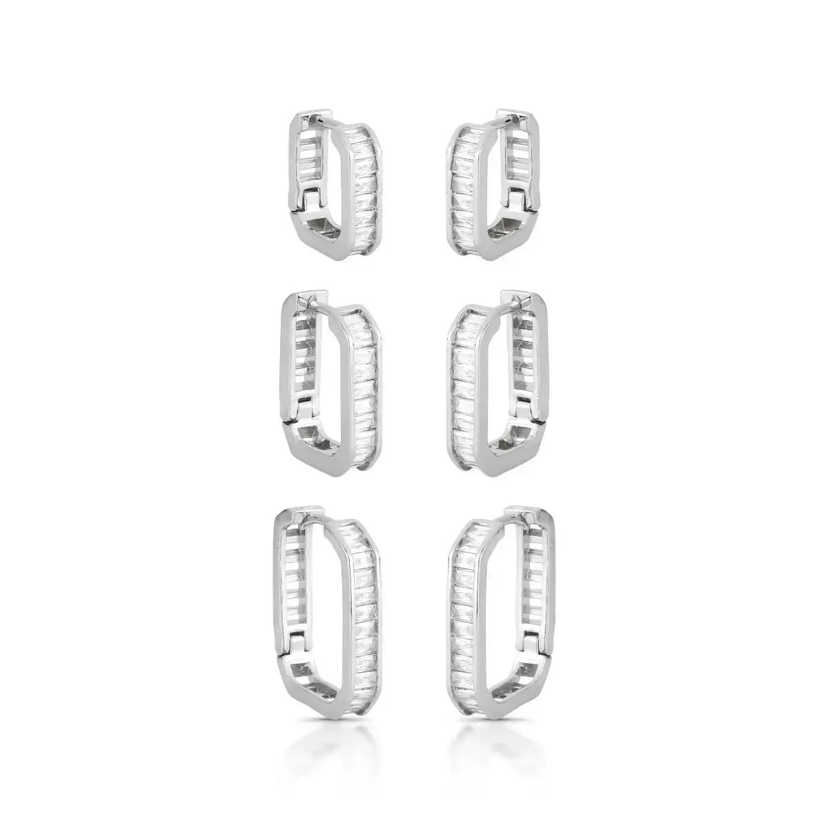 BRINCO TRIO ARGOLA CLICK CRAVEJADO COM ZIRCÔNIAS BAGUETE — Ban. Ródio Branco
