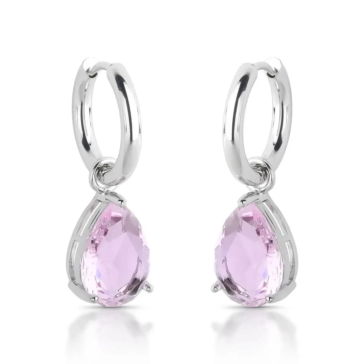 BRINCO ARGOLA CLICK PÊNDULO GEMA GOTA GRANDE — Ban. Ródio Branco / Rosa claro