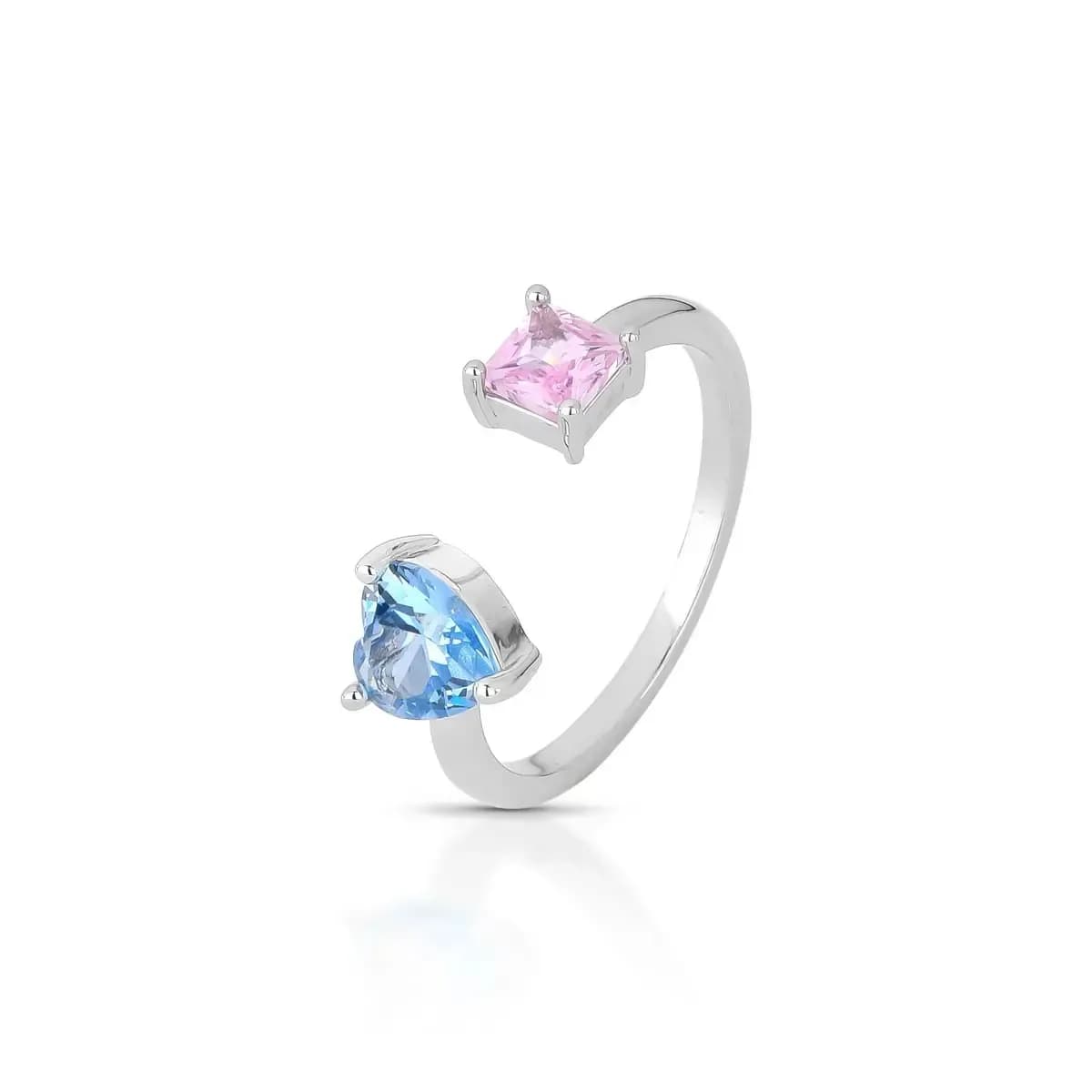 ANEL HEART SQUARE — Ban. Ródio Branco / Regulável / Azul claro e rosa claro