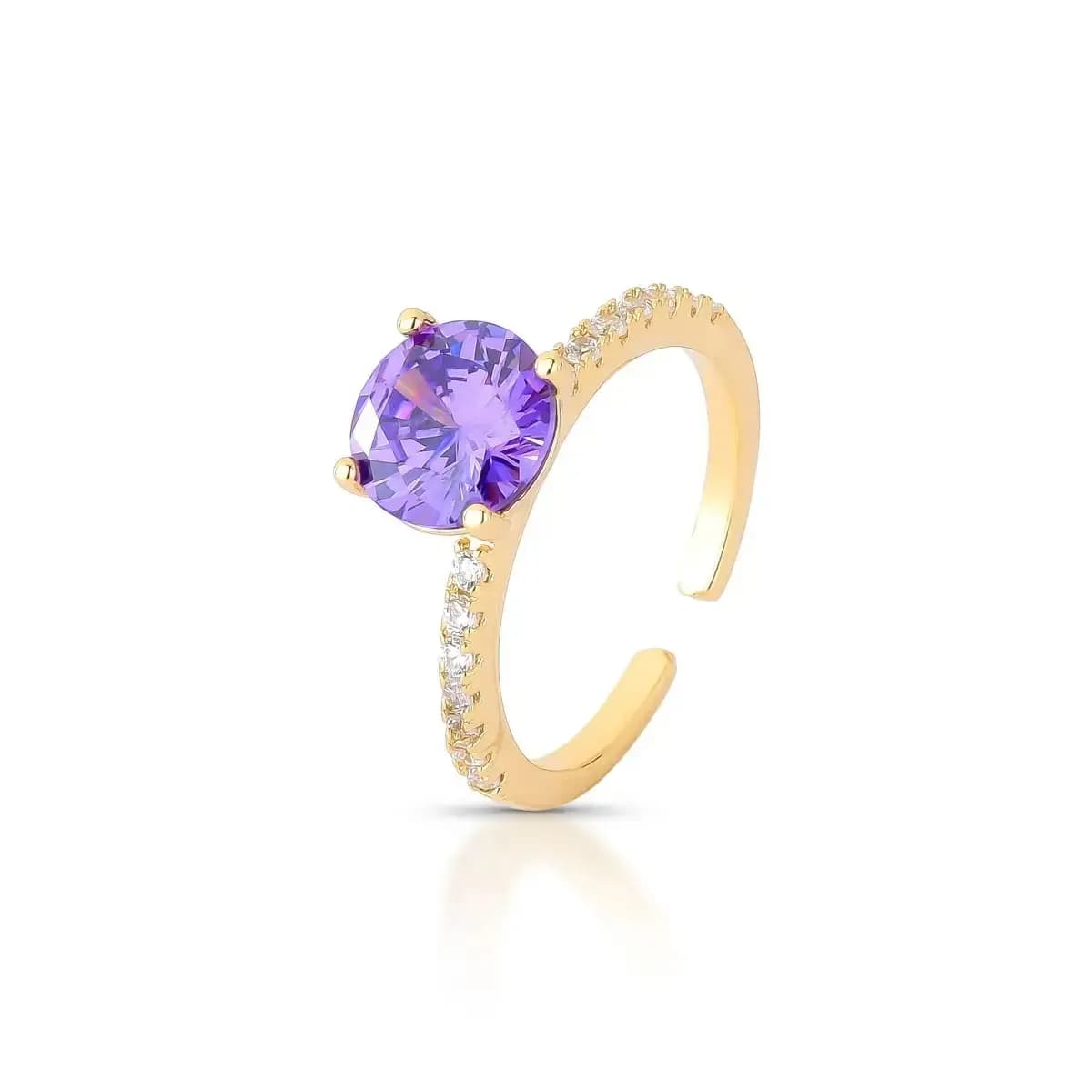 ANEL SOLITÁRIO PRINCESS CRAVEJADO COM ZIRCÔNIAS - AJUSTÁVEL — Ban. Dourado / Regulável / Roxo