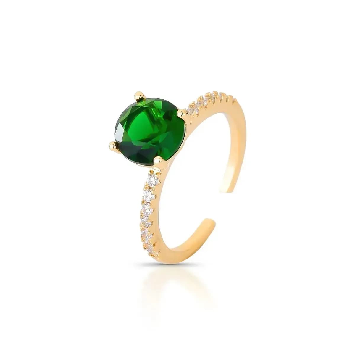 ANEL SOLITÁRIO PRINCESS CRAVEJADO COM ZIRCÔNIAS - AJUSTÁVEL — Ban. Dourado / Regulável / Esmeralda
