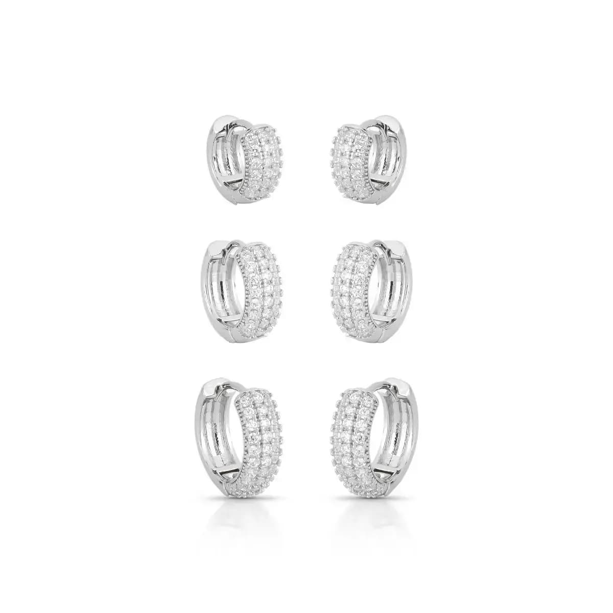 BRINCO TRIO ARGOLA CLICK TRÊS FILEIRAS CRAVEJADAS COM ZIRCÔNIAS — Ban. Ródio Branco