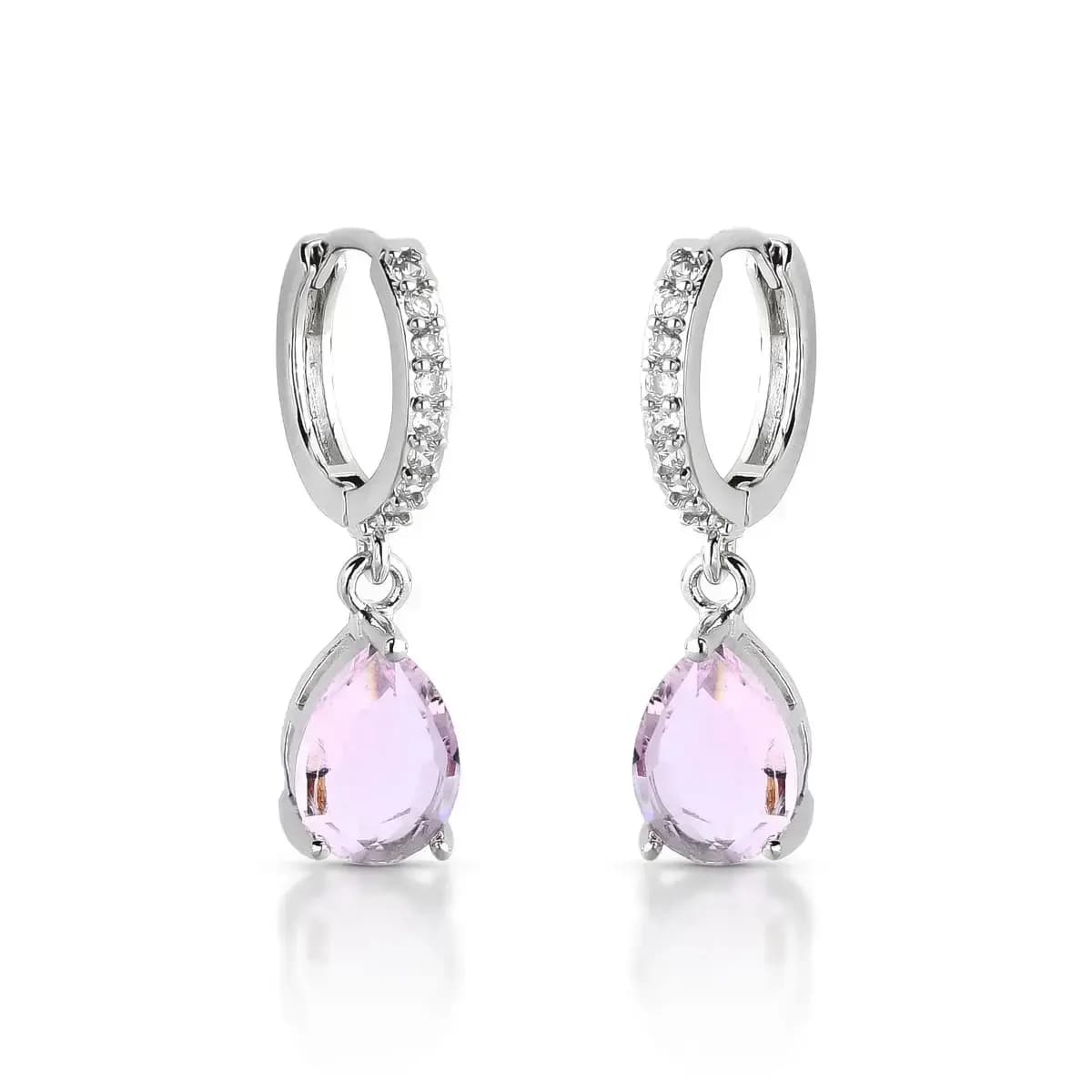 BRINCO ARGOLA CLICK PÊNDULO GEMA GOTA PEQUENA — Ban. Ródio Branco / Rosa claro