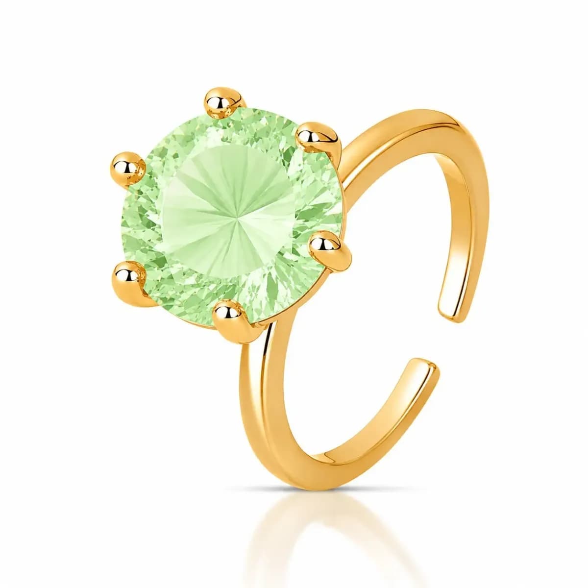 ANEL SOLITÁRIO PRINCESS CRAVAÇÃO SEIS GARRAS — Ban. Dourado / Regulável / Verde claro