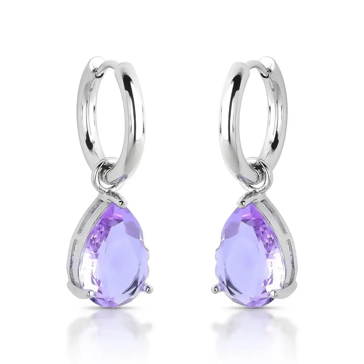 BRINCO ARGOLA CLICK PÊNDULO GEMA GOTA GRANDE — Ban. Ródio Branco / Lilás